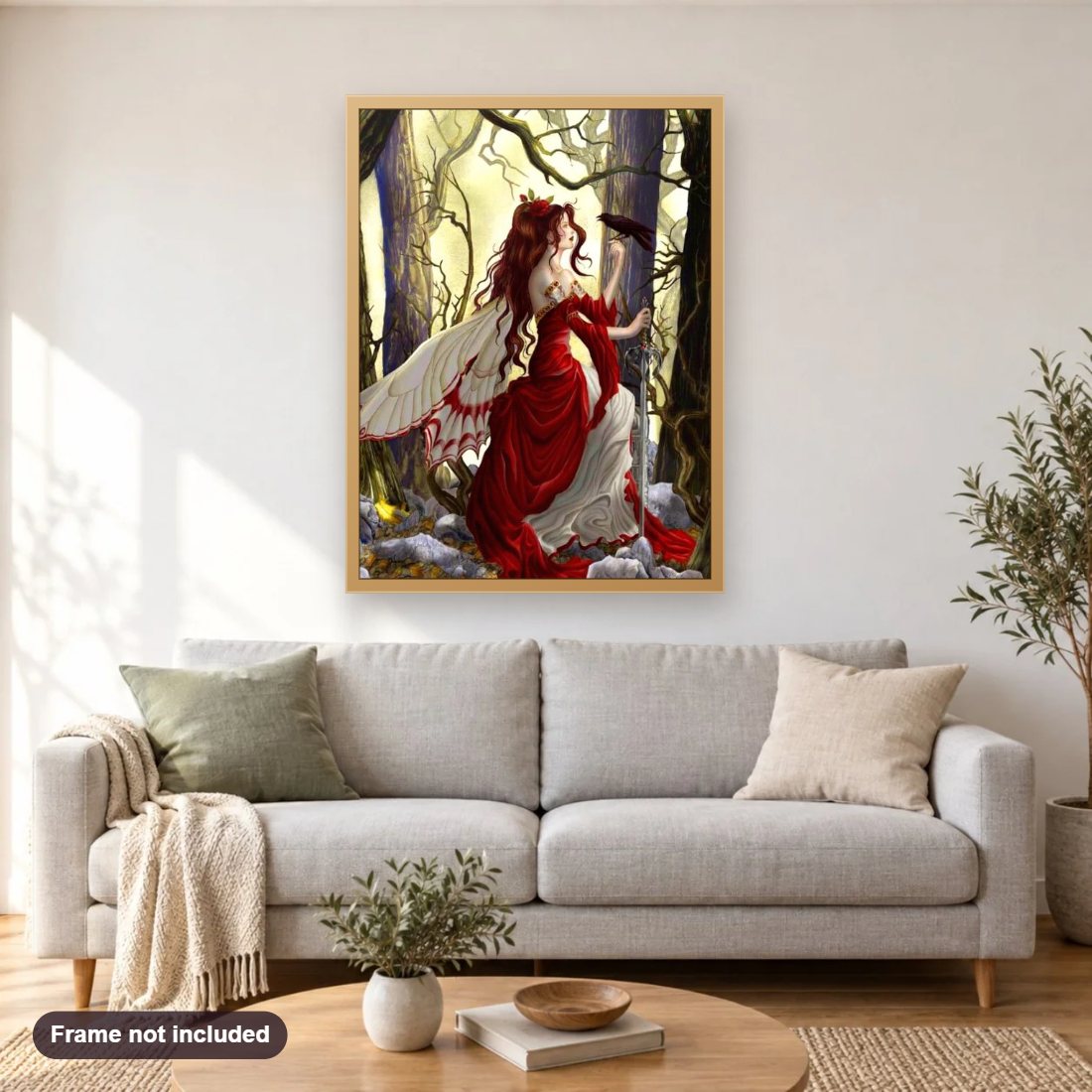 Gorgeous Fairy Girl in the Forest diamond painting shown framed on a living room wall above a sofa