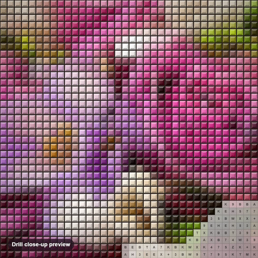 Close-up preview of the Gorgeous Flowers diamond painting with square 5D drills and printed canvas symbols