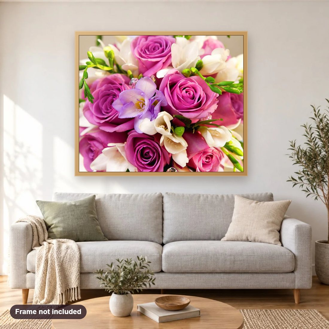 Gorgeous Flowers diamond painting shown framed on a living room wall above a sofa