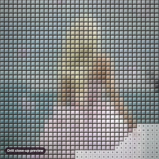Close-up preview of the Gorgeous Lady Standing in the Ocean diamond painting with square 5D drills and printed canvas symbols