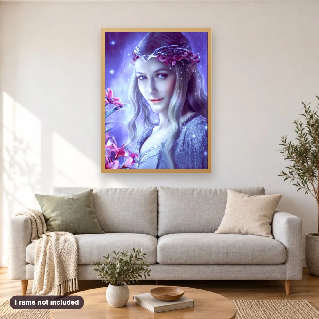 Gorgeous Lady with Floral Crown diamond painting shown framed on a living room wall above a sofa