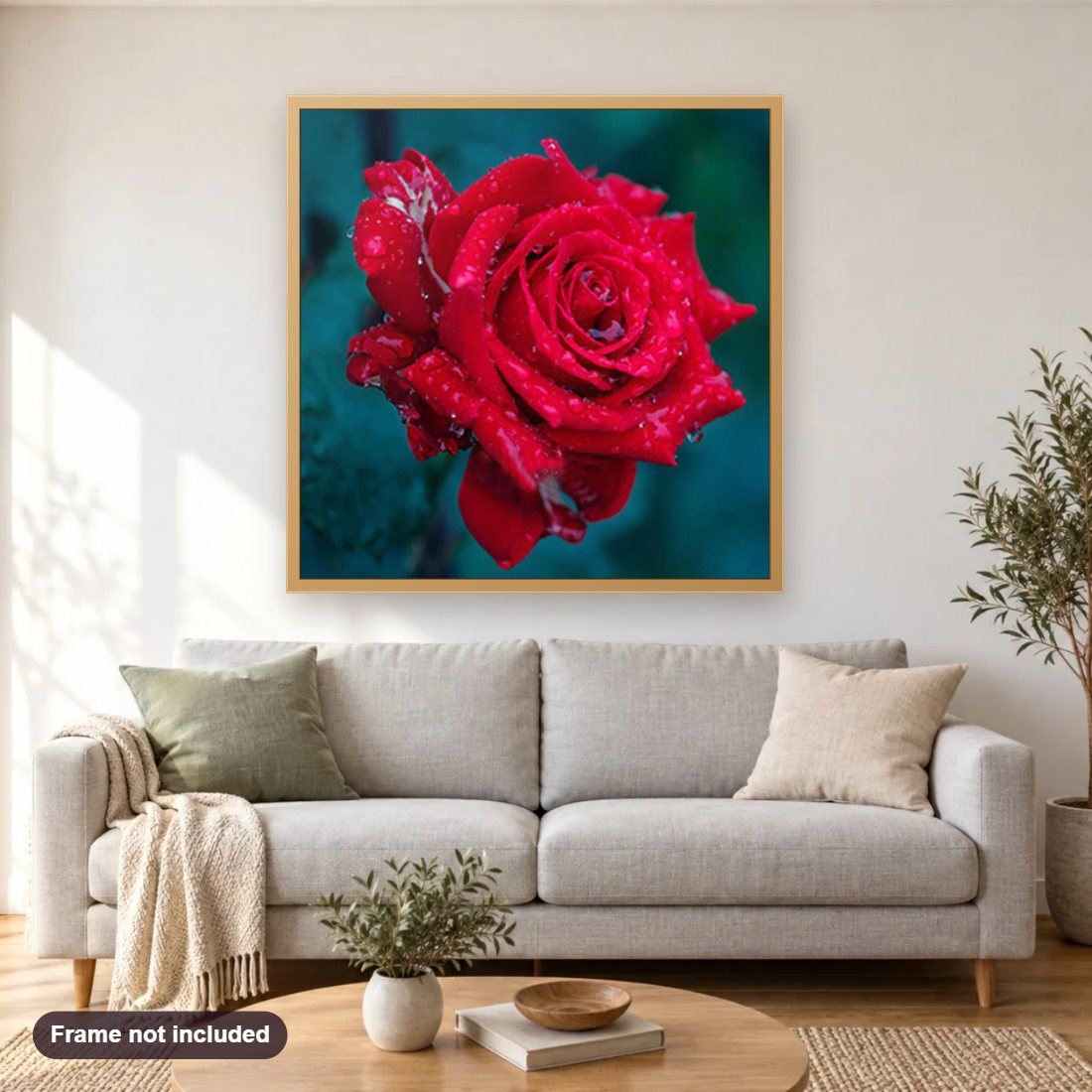 Gorgeous Rose with Dew Drops diamond painting shown framed on a living room wall above a sofa
