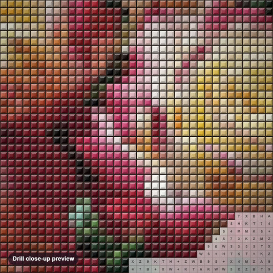 Close-up preview of the Gorgeous Roses diamond painting with square 5D drills and printed canvas symbols