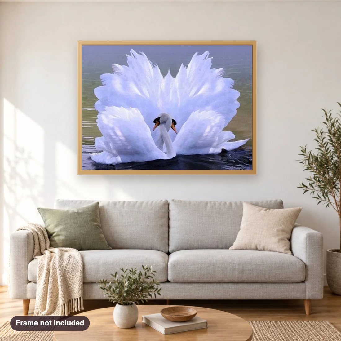 Gorgeous Swans Love diamond painting shown framed on a living room wall above a sofa