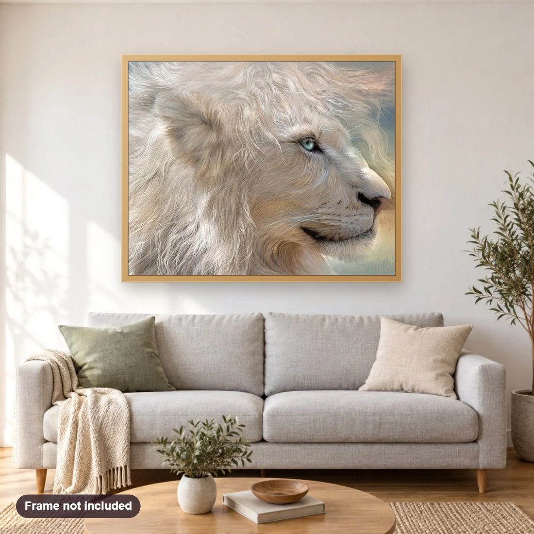 Gorgeous White Lion King diamond painting shown framed on a living room wall above a sofa