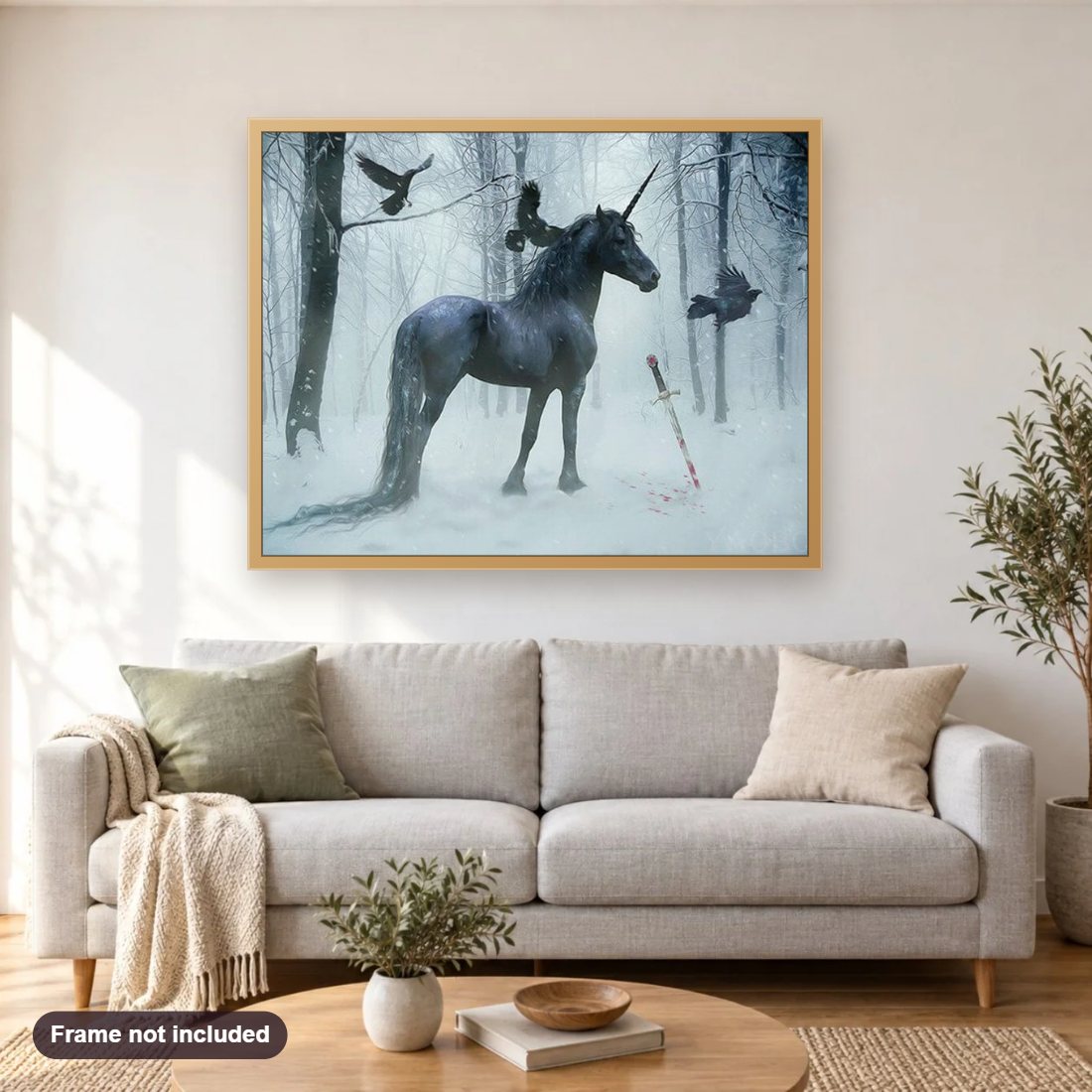 Gothic Unicorn & Crows in Snow diamond painting shown framed on a living room wall above a sofa