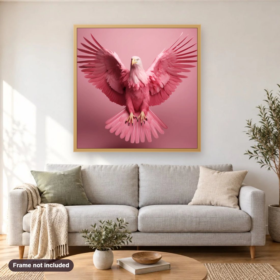 Grace of the Pink Eagle diamond painting shown framed on a living room wall above a sofa