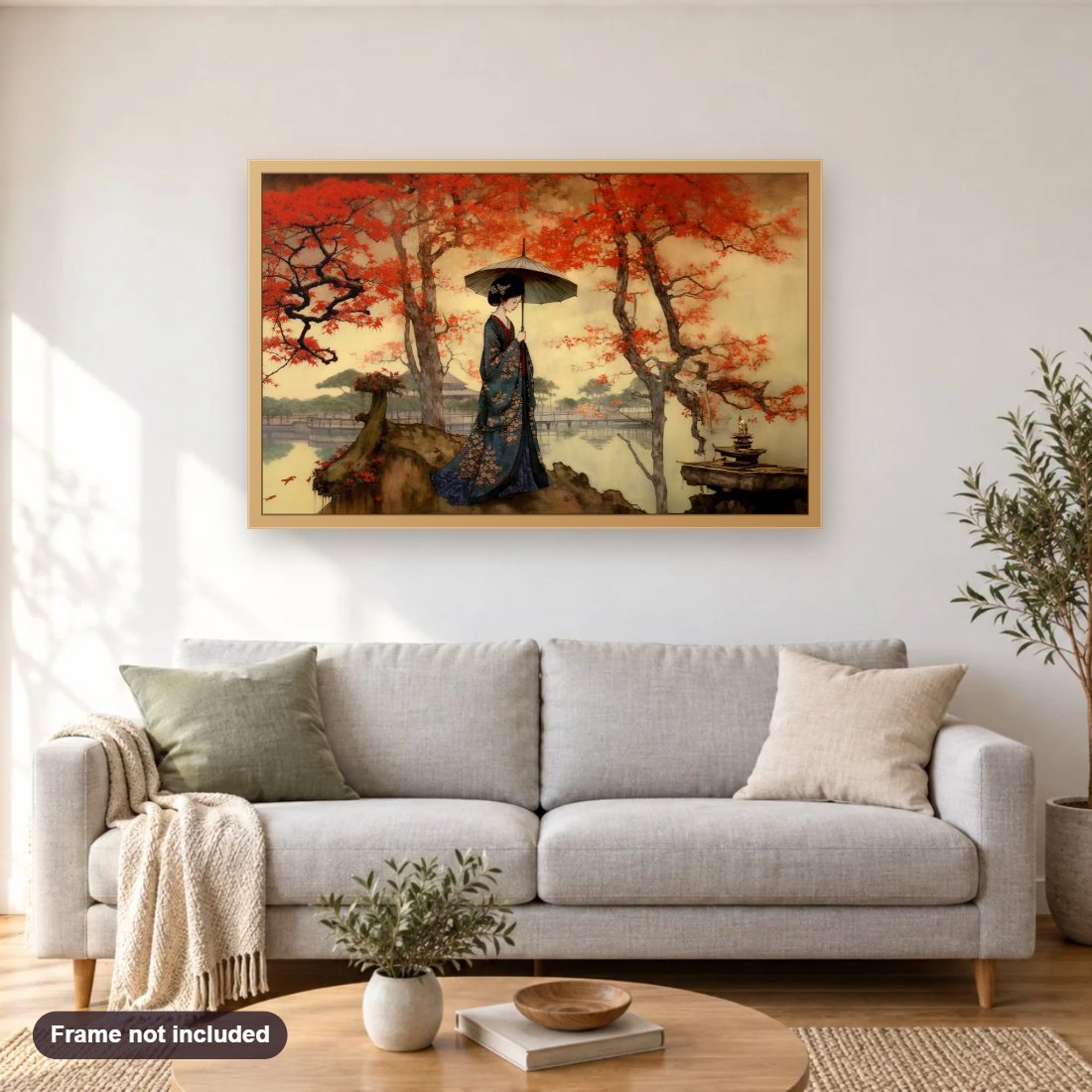 Graceful Princess of the Red Leaves diamond painting shown framed on a living room wall above a sofa