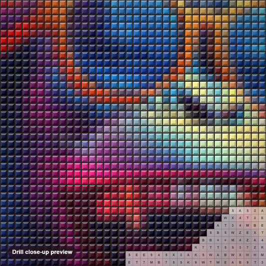 Close-up preview of the Gradient Laughing Monkey diamond painting with square 5D drills and printed canvas symbols