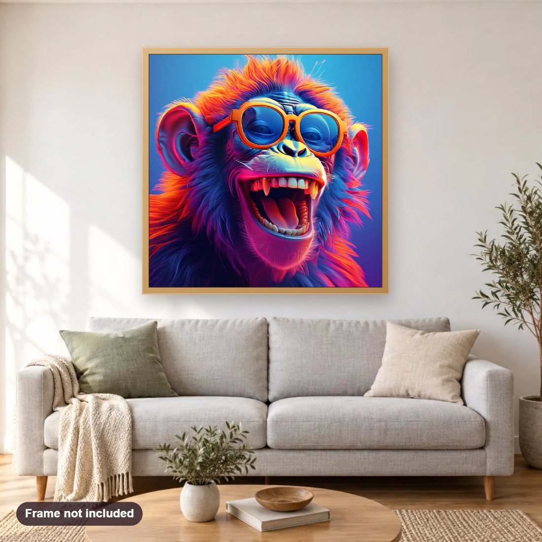 Gradient Laughing Monkey diamond painting shown framed on a living room wall above a sofa