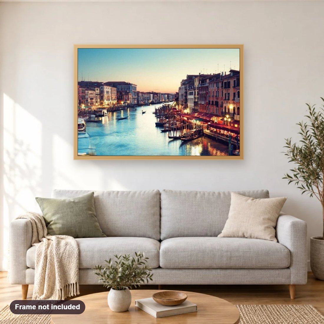 Grand Canal diamond painting shown framed on a living room wall above a sofa