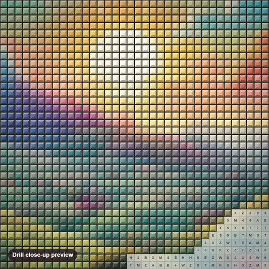 Close-up preview of the Grand Candy Colored Landscape diamond painting with square 5D drills and printed canvas symbols