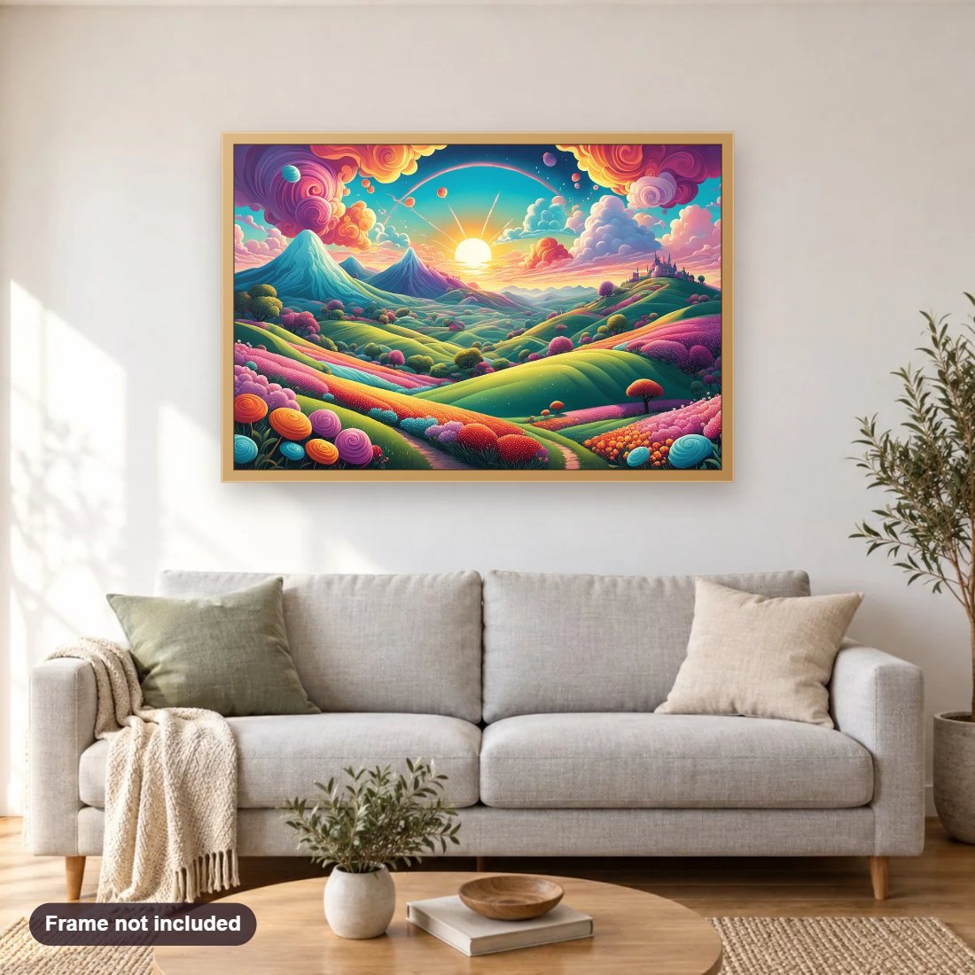 Grand Candy Colored Landscape diamond painting shown framed on a living room wall above a sofa
