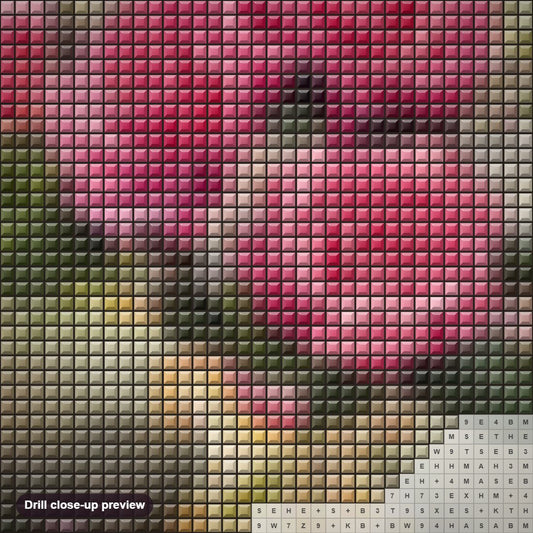 Close-up preview of the Grapes, Apple & Pink Rose Vase diamond painting with square 5D drills and printed canvas symbols