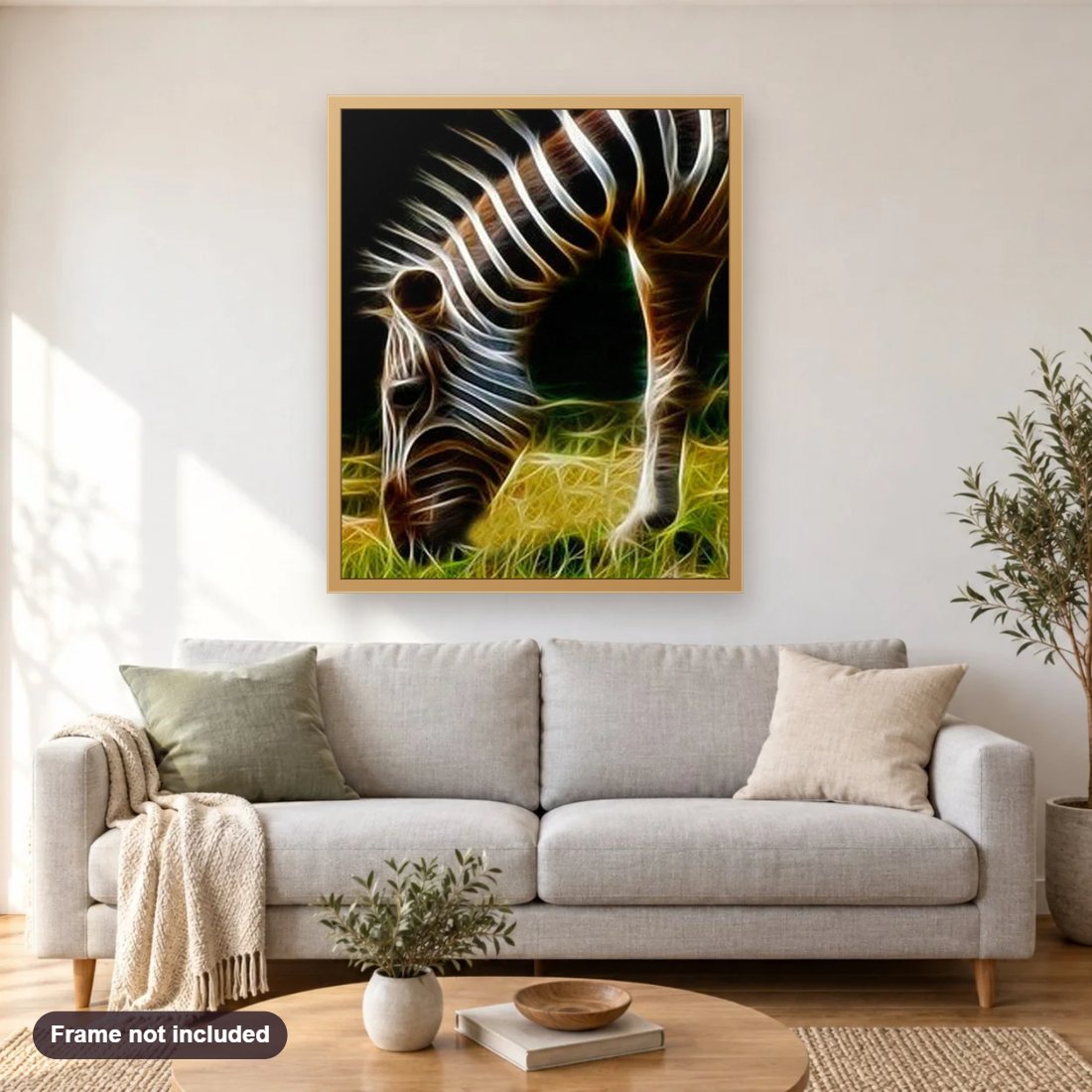 Grazing Zebra diamond painting shown framed on a living room wall above a sofa