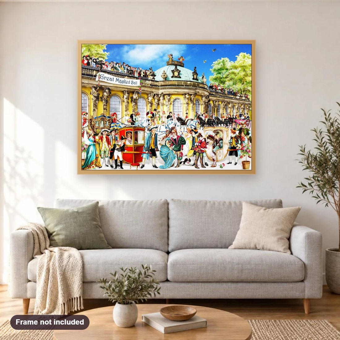 Great Masked Ball diamond painting shown framed on a living room wall above a sofa