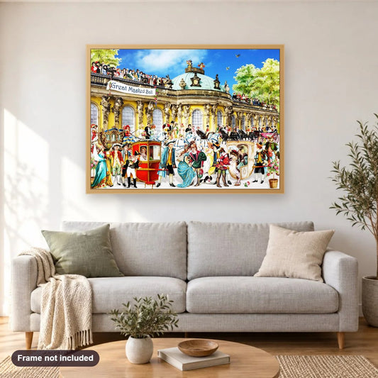 Great Masked Ball diamond painting shown framed on a living room wall above a sofa