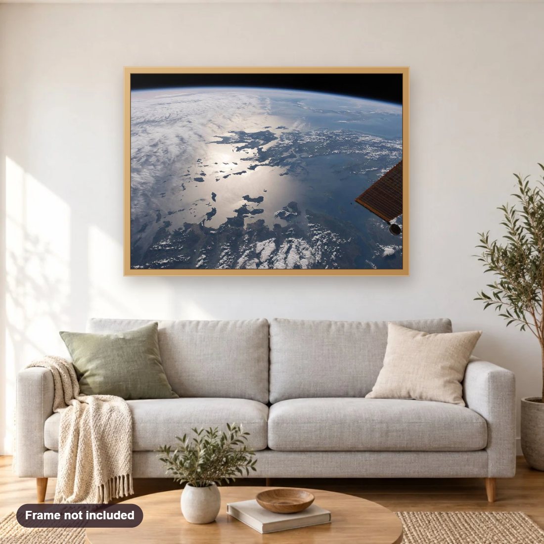 Greece and the Aegean and Ionian Seas diamond painting shown framed on a living room wall above a sofa