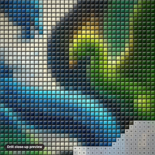 Close-up preview of the Green & Blue Dragons diamond painting with square 5D drills and printed canvas symbols