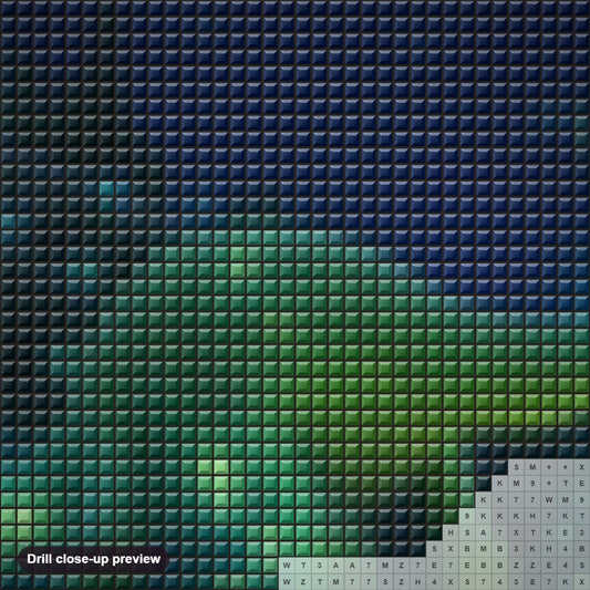 Close-up preview of the Green Dinosaur diamond painting with square 5D drills and printed canvas symbols