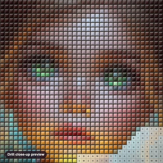 Close-up preview of the Green Eyed Girl's Garden Adventure diamond painting with square 5D drills and printed canvas symbols