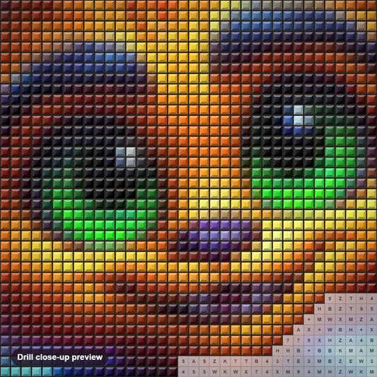 Close-up preview of the Green Eyed Monster diamond painting with square 5D drills and printed canvas symbols