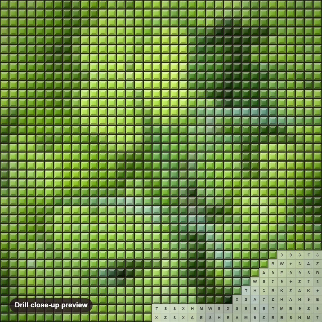 Close-up preview of the Green Garden diamond painting with square 5D drills and printed canvas symbols