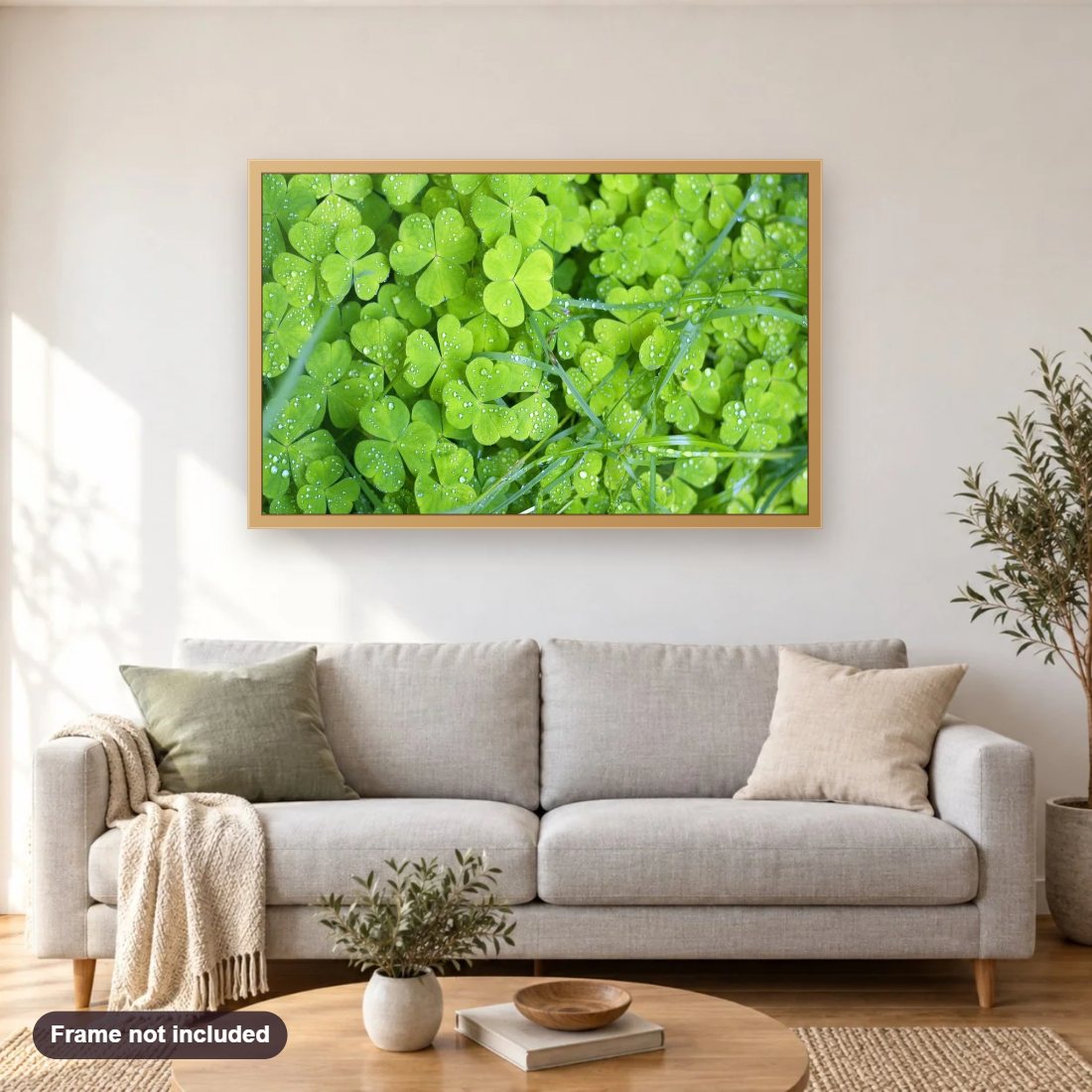 Green Garden diamond painting shown framed on a living room wall above a sofa