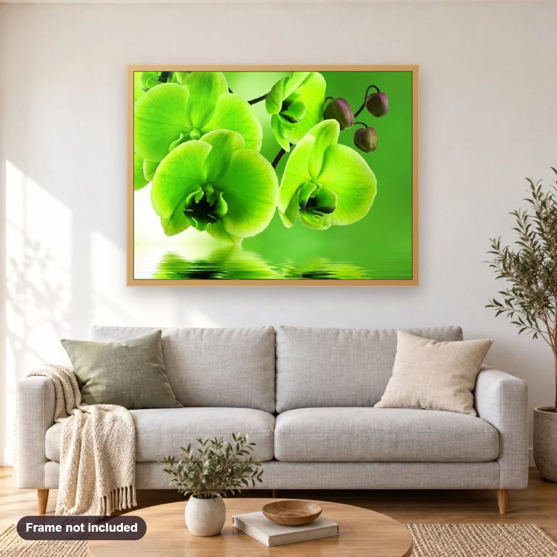 Green Orchids diamond painting shown framed on a living room wall above a sofa