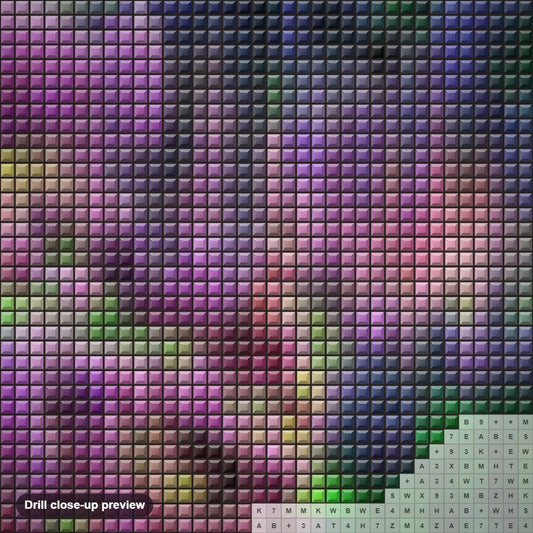 Close-up preview of the Green & Purple Forest diamond painting with square 5D drills and printed canvas symbols