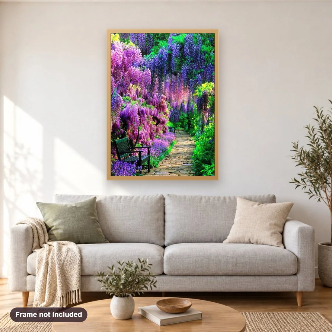 Green & Purple Forest diamond painting shown framed on a living room wall above a sofa