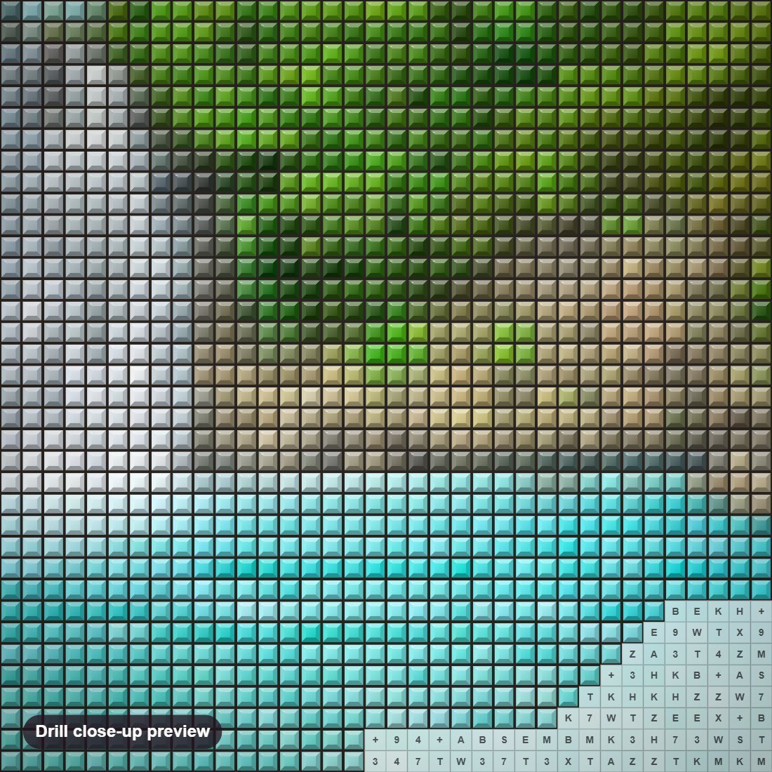 Close-up preview of the Green Trees & Beautiful Waterfall diamond painting with square 5D drills and printed canvas symbols