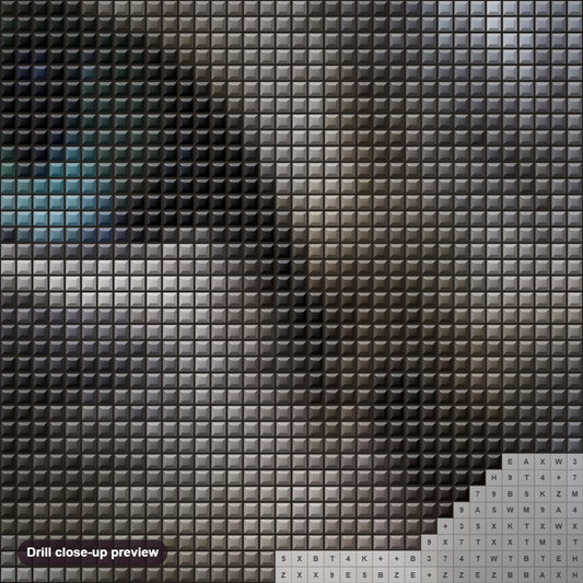 Close-up preview of the Grey Cat with Blue eyes diamond painting with square 5D drills and printed canvas symbols
