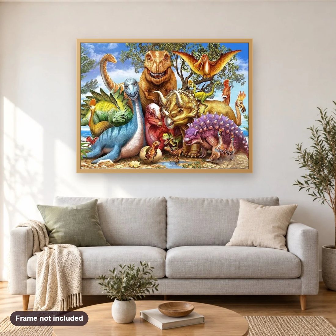 Group Of Dinosaurs diamond painting shown framed on a living room wall above a sofa