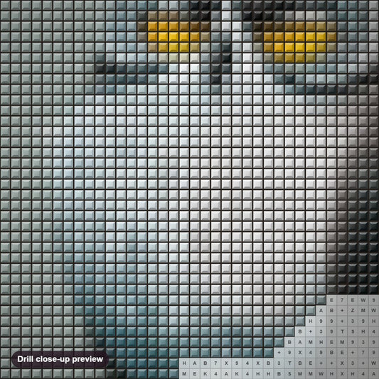 Close-up preview of the Grumpy Owl diamond painting with square 5D drills and printed canvas symbols