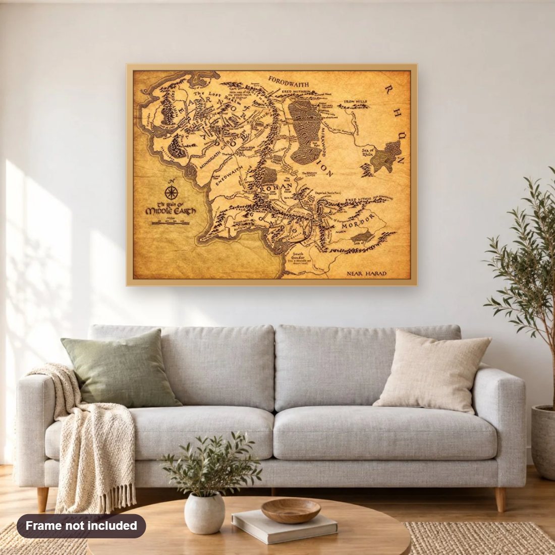 Grunge Style World Map diamond painting shown framed on a living room wall above a sofa