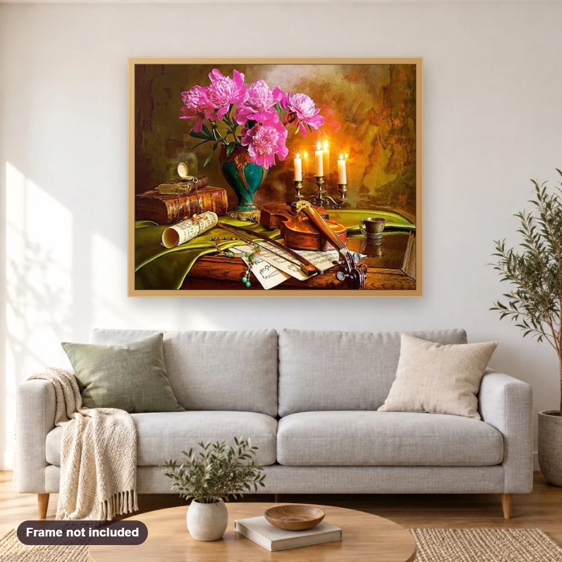 Guitar, Flowers & Candles diamond painting shown framed on a living room wall above a sofa