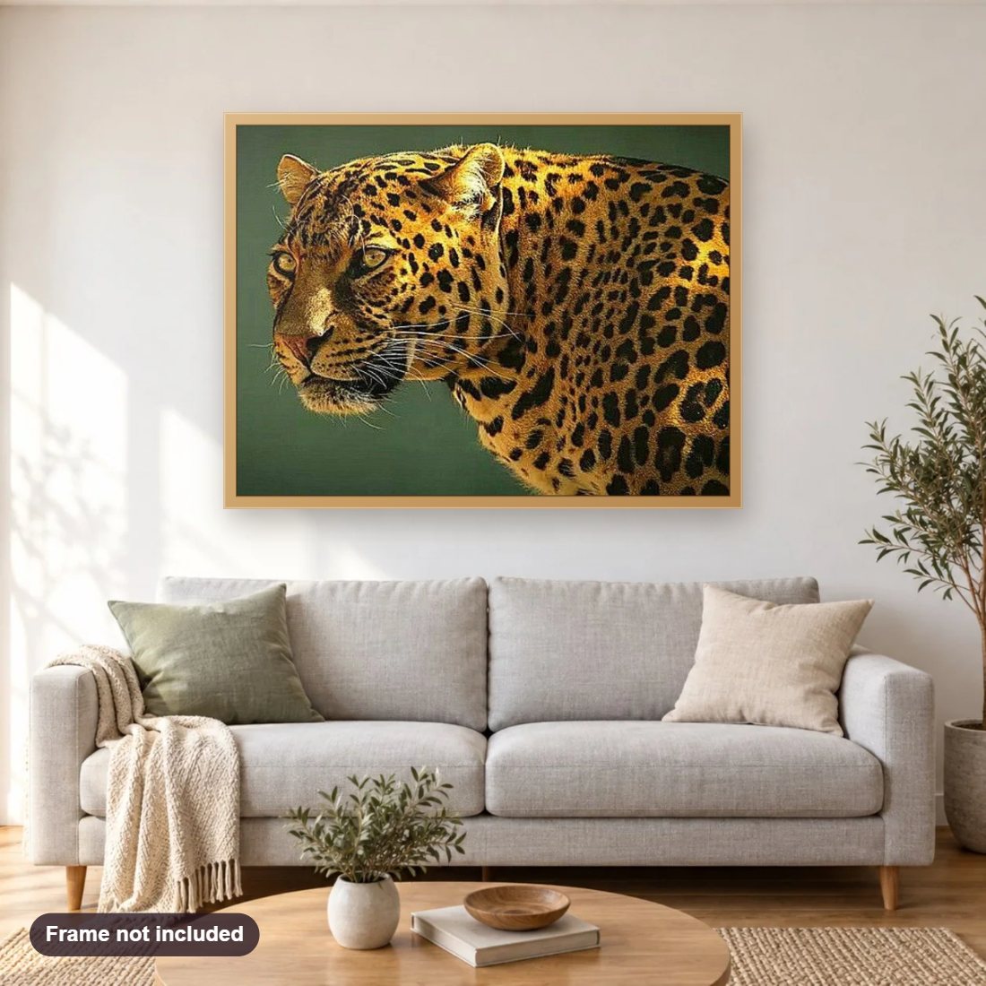 Guyana Jaguar diamond painting shown framed on a living room wall above a sofa
