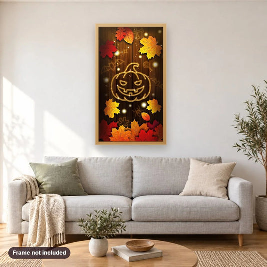 Halloween Card diamond painting shown framed on a living room wall above a sofa