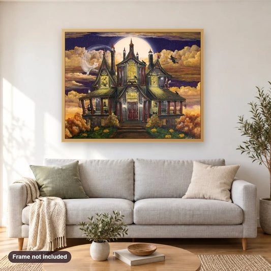 Halloween Haunted House diamond painting shown framed on a living room wall above a sofa