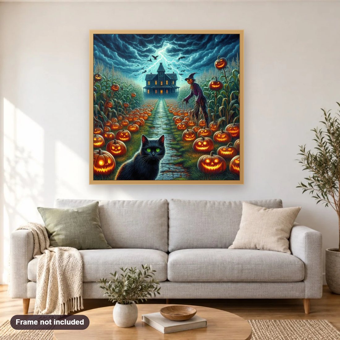 Halloween Night at the Witch's House diamond painting shown framed on a living room wall above a sofa