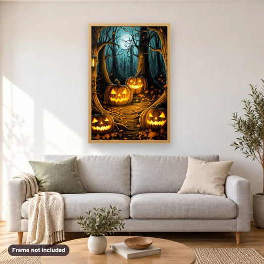 Halloween Night in the Forest diamond painting shown framed on a living room wall above a sofa
