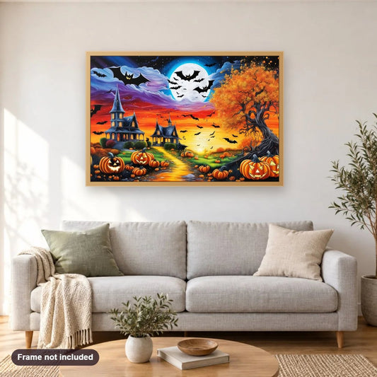 Halloween Night of Spooks diamond painting shown framed on a living room wall above a sofa