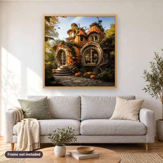 Halloween Preparations diamond painting shown framed on a living room wall above a sofa