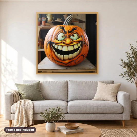 Halloween Pumpkin with Creepy Face diamond painting shown framed on a living room wall above a sofa