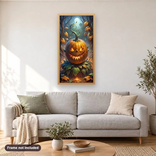 Halloween Pumpkin with Glowing Eyes diamond painting shown framed on a living room wall above a sofa