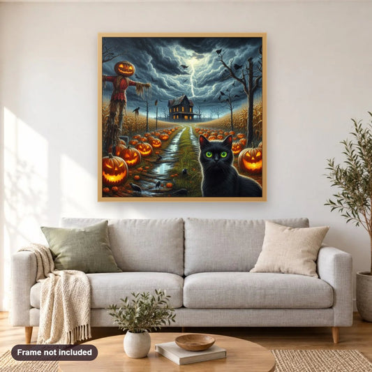 Halloween Pumpkins on Rainy Street diamond painting shown framed on a living room wall above a sofa