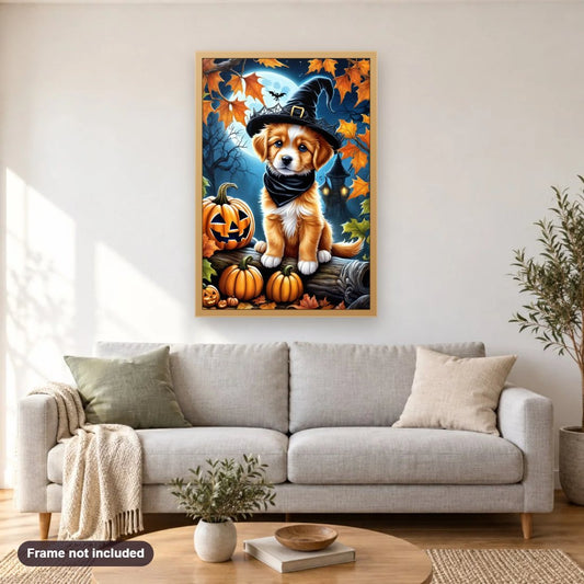 Halloween Puppy diamond painting shown framed on a living room wall above a sofa