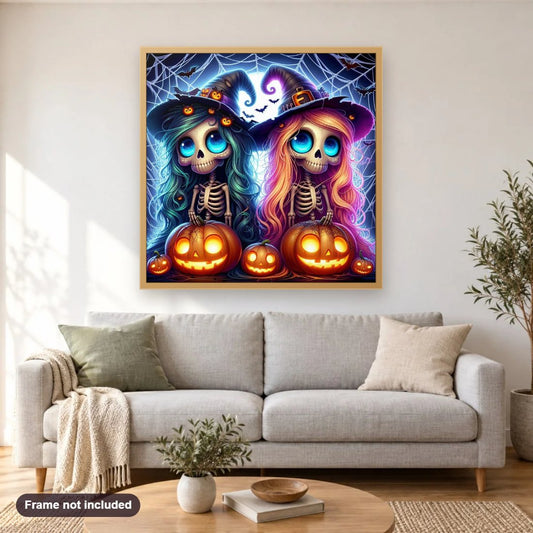 Halloween Skeletons diamond painting shown framed on a living room wall above a sofa