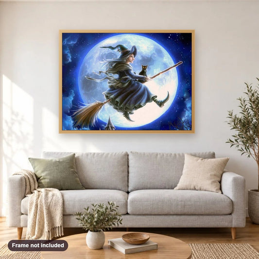 Halloween Witch & Cat on Broom diamond painting shown framed on a living room wall above a sofa